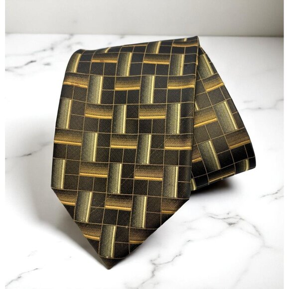 Croft & Barrow Mens Neck Tie Brown Gold Geometric Woven Pattern Handmade - Picture 1 of 7